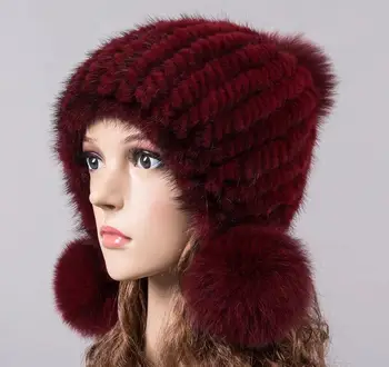 Naravni mink krzno kapo za zimo ženske pletene earflap krzno klobuki jeseni toplo krzno pom pom beanies modra, bež, roza 10 barv H919