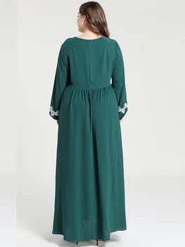 2020 Dolg Rokav Maxi Dolgo Obleko Appliques Visoko Pasu Nabrano Celotno Dolžino Obleke Vestidos Stranka Haljo Muslimanskih Abayas za Ženske