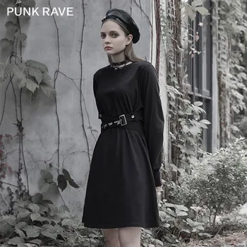 PUNK RAVE Dekle Gothic Črno Dolgo sleeved Obleko A-linije Casual Zgodaj Jeseni Kratka Obleka Ženske Ulične
