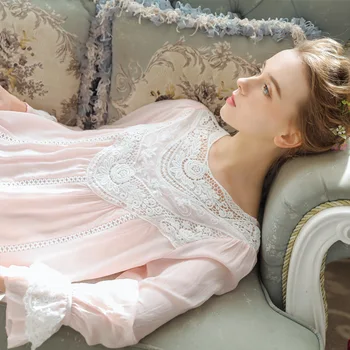Ženske Sleepwear Princesa Spi Krilo Dolg Rokav Čipke Obleko Francosko Sodišče Bombaž Retro Viktorijanski Nightgown Elegantni, Romantični