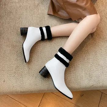 Mstacchi Črno Belo Barvo Ujemanje Nazaj Zadrgo Ženske Škornji Opozoril Klasična Moda Plišastih Dame Čevlji Botas Par Mujer
