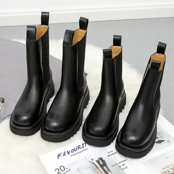 Luksuzni Chelsea Škornji Ženske Usnja Dame Čevlji Močen Zimske Čevlje Platformo Gleženj Škornji Zdrsne na Debele Pete blagovne Znamke Botas Mujer