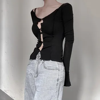 Y Predstavitev Priložnostne Slim T-shirt Žensk O Vratu Dolg Rokav Minimalističen Votlih Iz Tee Ženskih Modnih Oblačil 2020