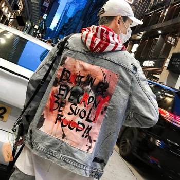 Mens Traper Jopiči Ulične Grafiti Hip Hop Rap Pohaban Luknjo Priložnostne Mozaik Raztrgala Stiski Punk Rock Kavbojke Coats Outwear