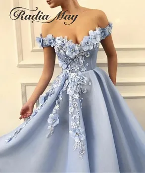 Elegantno Off Ramo Svetlo Modro Nebo, 3D Cvetlični Večerno Obleko 2020 Nov Prihod Žensk Formalno Maturantski Oblek za Posebne Priložnosti Obleko