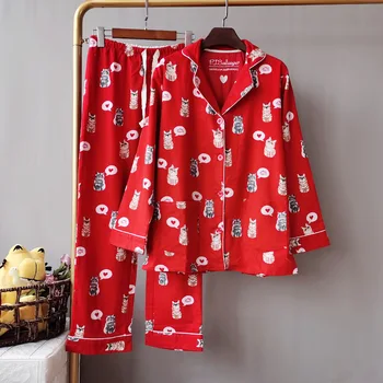 Pijamas Mujer Invierno 2020 Jeseni Preprost Risanka Tiskanja Toplo Dame Domov Nosijo Pižamo Rdeče Ustnice Tiskanja Bombažno Pižamo za Ženske