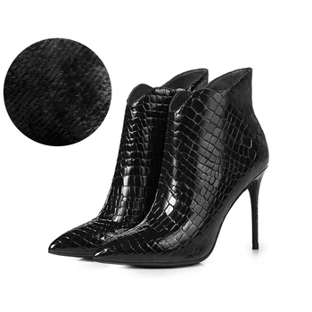 Ženske Pozimi škornji pravega usnja 10 cm točke toe zadrgo seksi tanke pete siva, črna kratek zagonski mat škornji ženski čevlji