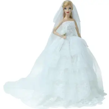 Ročno Bele Poročne Obleke Princess Off ramenski Zadnjo Obleko + Čipke Tančico Obleko za Barbie Lutka Hiša Pribor Dekle Igrača