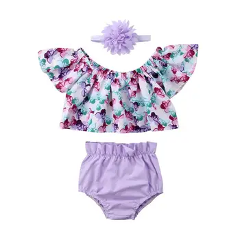 Pudcoco Dekle Nastavite 0-24M NAS Newborn Baby Girl Obleke Off Ramenski Cvetlični Vrhovi Hlače Glavo, Obleko Set