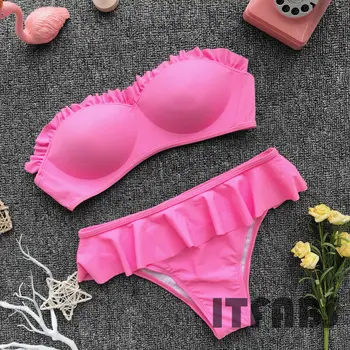 2019 Novo Poletje Seksi Ženska Oblazinjeni Push-up Bikini Komplet Ruffles brez naramnic Kopalke, kopalke, Kopalke Plažo Kostum