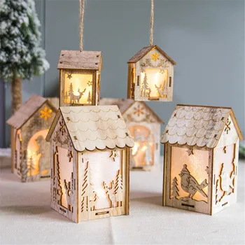 Božič LED Luči, Leseni Hiši Predstavitev Polica Božično Drevo Počitnice Okraski Visi Dekor s Svetlobo Žarnice