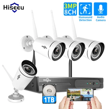 Hiseeu 3MP 8CH NVR 1536P WIFI kamer Brezžično Varnost CCTV Prostem App Remote Pogled Humanoid Zaznavanje Gibanja 1T HDD