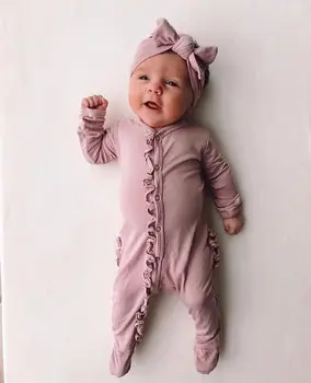 Novorojenega dojenčka Baby Bombaž Footies jumpsuit +Glavo pasu dolg rokav ogrlicom trdna bombaž udobno baby girl obleke 0-12M