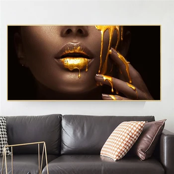 Afriška Ženska Obraz, Zlati Seksi Ustnice Platno, Slike, Plakate in grafike Cuadros Stenskih slikah, za Dnevna Soba Dekoracijo Doma