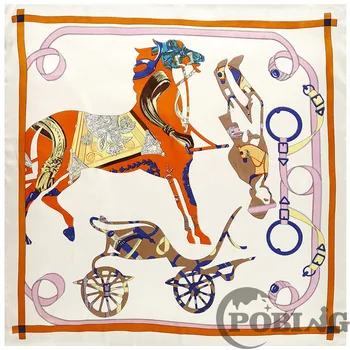 POBING Svileni Šal Ženske Konj Verige Tiskanje Ročno Ročno Kvadratnih Rute Španija Echarpes Foulards Femme Zaviti Ruta Majhne Hidžab 90 CM