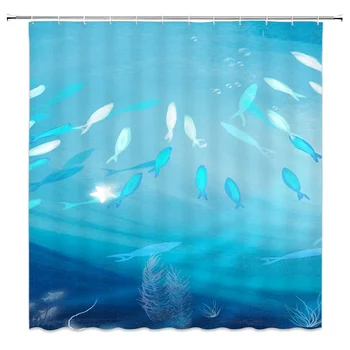 2020 Modrih Delfinov, Tuš Zavese Kopel Zavese Dom Dekor Nepremočljiva Kopalnica Risanka Ocean Otrok Ribe Morja Curtain180*180 cm