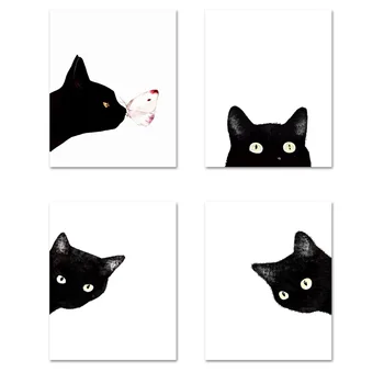 Moderno Črno Bel Peekaboos Mačka Wall Art Platno Plakatov In Fotografij Minimalističen Živali Barvanje Sliko Za Dnevni Sobi Doma Dekor