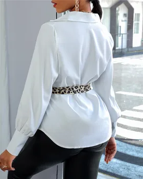 Imcute Ženske Majice Stilsko Leopard Mozaik Gumb V Vratu Pomlad Jesen Dolg Rokav Pasu Čipke-up Vrh Ulične Femme Bluzo Nova