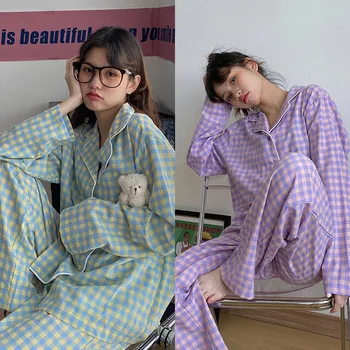 Novi Korejski Slog Ženska Pajama Določa Pomlad Kariran Ljubek Dolg Rokav Mehko Priložnostne Sleepwear Jeseni Svoboden More Modni Ženski