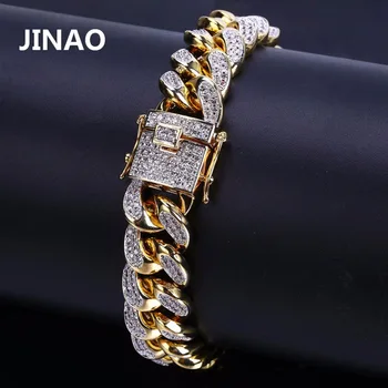 JINAO 2020 Nov Slog Moških Hip Hop Nakit Zapestnica Bakreno Zlato Barvo Prevlečeni Ledeni CZ Kamen 14 mm Verige Zapestnice S 7