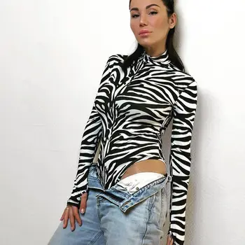 Seksi Žensk Dolg Rokav Turtleneck Živali Zebra Print Bodycon Stranka Obleka, Stretch Slim Leotard Vrhovi