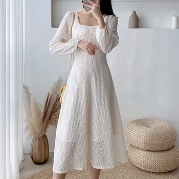 2020 Pomlad Novo korejskem slogu francoskega Midi Obleka Ženske Kvadratnih Ovratnik A-line Obleko Vitek Pas Elegantno Mid-dolžina Vestidos Ženski