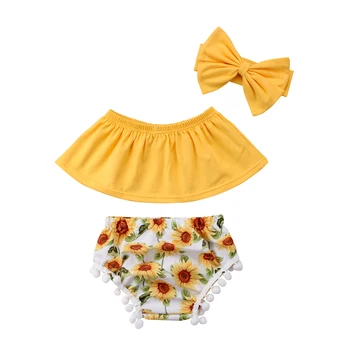 3Pcs Novorojenega Dojenčka Baby Girl obleke pobota Ramenski Vrhovi +sončnično tassel Hlače+ Glavo, obleko oblačila, ki