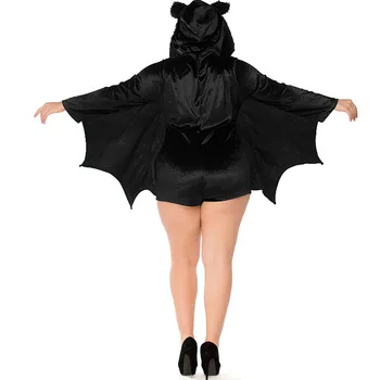 Umorden Žensk Black Bat Vampiress Kostum Cosplay Plus Velikost XXXL Krznen Hooded Jumpsuit Fantasia Halloween Kostume, Purim