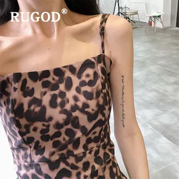 RUGOD Leopard Letnik Elegantna Mini Obleka za Ženske Kvadratnih Ovratnik brez Rokavov Ženski Sundresses Elegantno Seksi ženska Oblačila