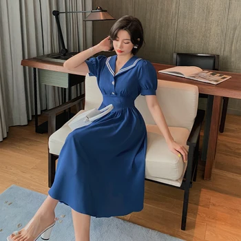 Nov prihod korejski moda preppy stil oblačenja žensk eleganten poletje mornar ovratnik letnik puff rokav temperament a-line oblačenja