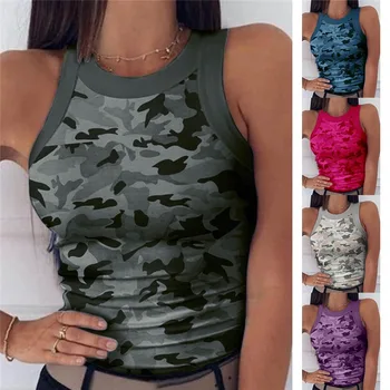 2020 Poletje Ženske Tiskanja Top Moda za Ženske Priložnostne Vojske Camo Prikrivanje Tank brez Rokavov O-vratu Slim Telovnik T-Majice Plus Velikost S-2XL
