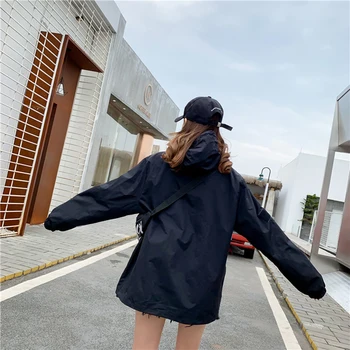 Novi korejski Priložnostne Hooded Jarek Plašč Ženske 2020 Pomlad Jesen Svoboden Hip hop Orodje Plašč Kratka Črna Windbreaker Vrhnja oblačila Z501