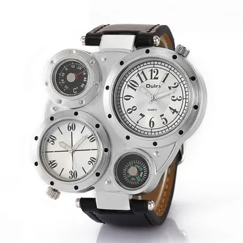 Oulm Moške Kvarčne Ročne ure Analogni Vojaške Straže z Kompas Termometer Dvojni Časovni Pas Watch velik obraz moški gledajo