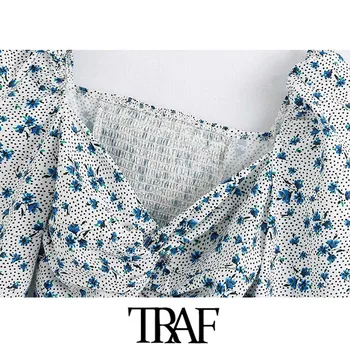 TRAF Ženske Modni Cvjetnim Tiskanja Odrezana Vintage Bluze tričetrt Rokav Nazaj Stretch Ženske Majice Blusa Elegantna Vrhovi