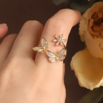 Korejski nov modni nakit, lepe baker vdelan cirkon metulj cvet odpiranje nastavljiv ženski kazalcem maturantski obroč