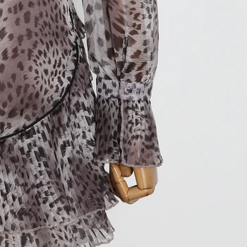 TWOTWINSTYLE Seksi Stranka Mini Obleka Za Ženske V Vratu Dolg Rokav Visoko Pasu Natisnjeni Leopard Obleke Ženska Moda Novo Stilsko