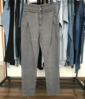 Nova jesensko zimski modni Vsestranski enostavno Kažejo, tanke Stari pralni Naguban krojenje Noge popravila Tri gumb visok pas, jeans