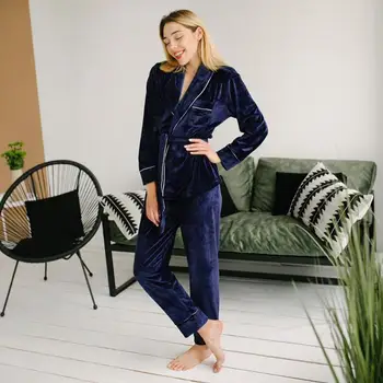 Trdna Pyjama Za Ženske z Dolgimi Rokavi Kimono Vrhovi Žamet Doma Obleko Nastavite s Pižamo