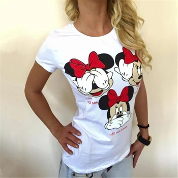 Strip Disney Minnie Miško T-shirt Poletje Ženske Kratek Rokav T-shirt Ženska Oblačila Moda Belo Črn Dekle Priložnostne Tees Vrhovi