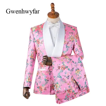 Gwenhwyfar Pisane Begonia Cvet Natisnjeni Moške Obleke, Roza Tuxedos Šal River Dvojno Zapenjanje Moške Poročne Barve (Suknjič+Hlače)