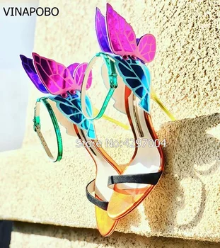 Vinapobo Pisane kovinski vezene usnjeni sandali, ki angel krila črpalke stranka obleko poročni čevlji metulj gleženj zaviti visoke pete