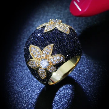 Big Black flower prst obroč, Nakit, CZ kristali Kamni Zlato barvo Velike obroči za ženske, modni nakit razkošje dodatki