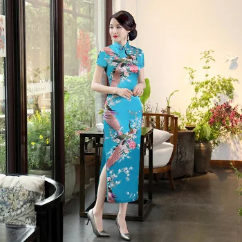 Pomlad In Poletje Izboljšano Cheongsam Obleko Dolgo Saten Tiskanje Dnevno Banket Žensk Uspešnosti Oblačila Klasično Moderno Qipao