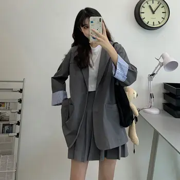 Moda Obleko Korejski Jeseni Dolg Rokav Suknjič Naguban Kratko Krilo Dva Kosa Obleko Za Osnovno Jakna Ženske Plus Velikost Vrhnja Oblačila