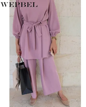 WEPBEL Muslimansko Obleko + Hlače Svoboden Tunika Obleka Dubaj Dame Oblačenja Barva Abaya Islamske Ženske Obleke Elegantno Dve Delni Set