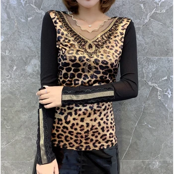 Moda leopard dolg rokav t shirt korejski t-shirt seksi Čipke vrhovi cotton tee shirt femme t-majice ženske tshirt camiseta mujer