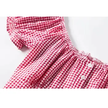 2019 korejski oblačila ruffle bluzo ženske majica boho Letnik Kvadratnih ovratnik puff Rokav kariran Poletje womens vrhovi in bluze blusas