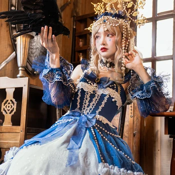 Melonshow Gothic Lolita Obleko Plus Velikost Ženske Viktorijanski Obleko Modra Kawaii Oblačila Courtly Slog Plemiške Obleke Retro Renesanse