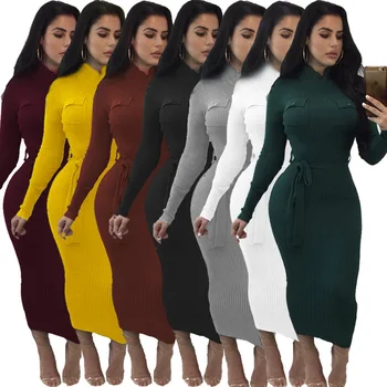 Barva Dolgimi Rokavi, okoli Vratu Sashes Jeseni Svinčnik Obleko za Ženske do leta 2020 Moda Urad Dama Športna Oblačila