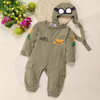 Baby Boy Dojenčka Zelena Poln Rokavi Pilotni Letalec igralne obleke+Klobuk 2pcs Nastavite Playsuit Obleko Jumpsuit igralne obleke Bombaž Kostum Telo Obleko